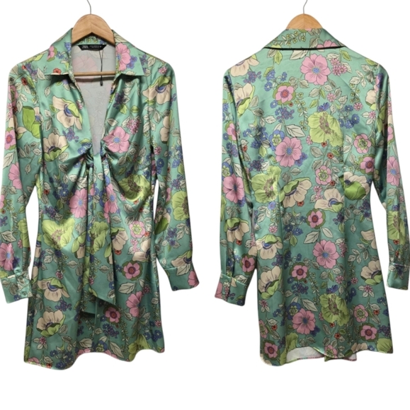 Zara Green Floral Buttondown Sheath Dress with Sweetheart Neckline - Picture 3 of 9